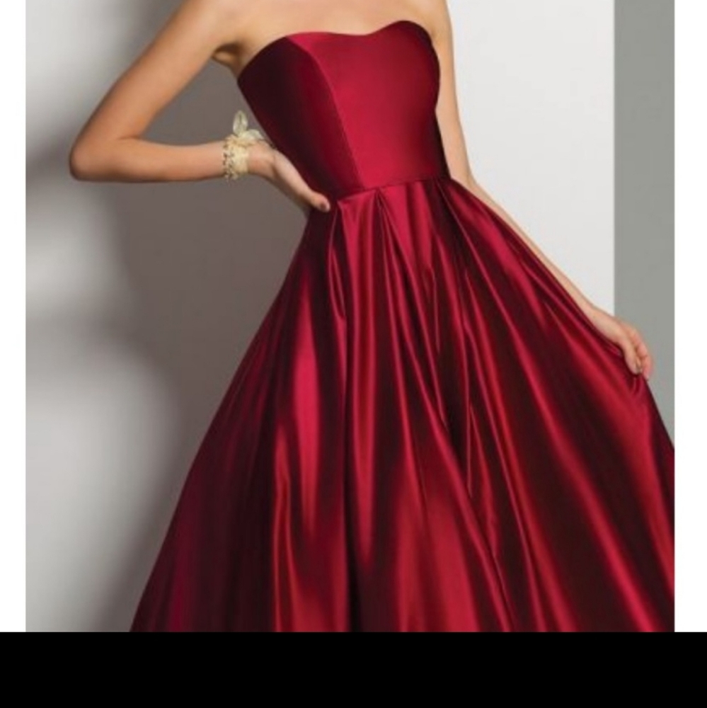 Camille La Vie Strapless High-Low Satin Gown in Burgundy